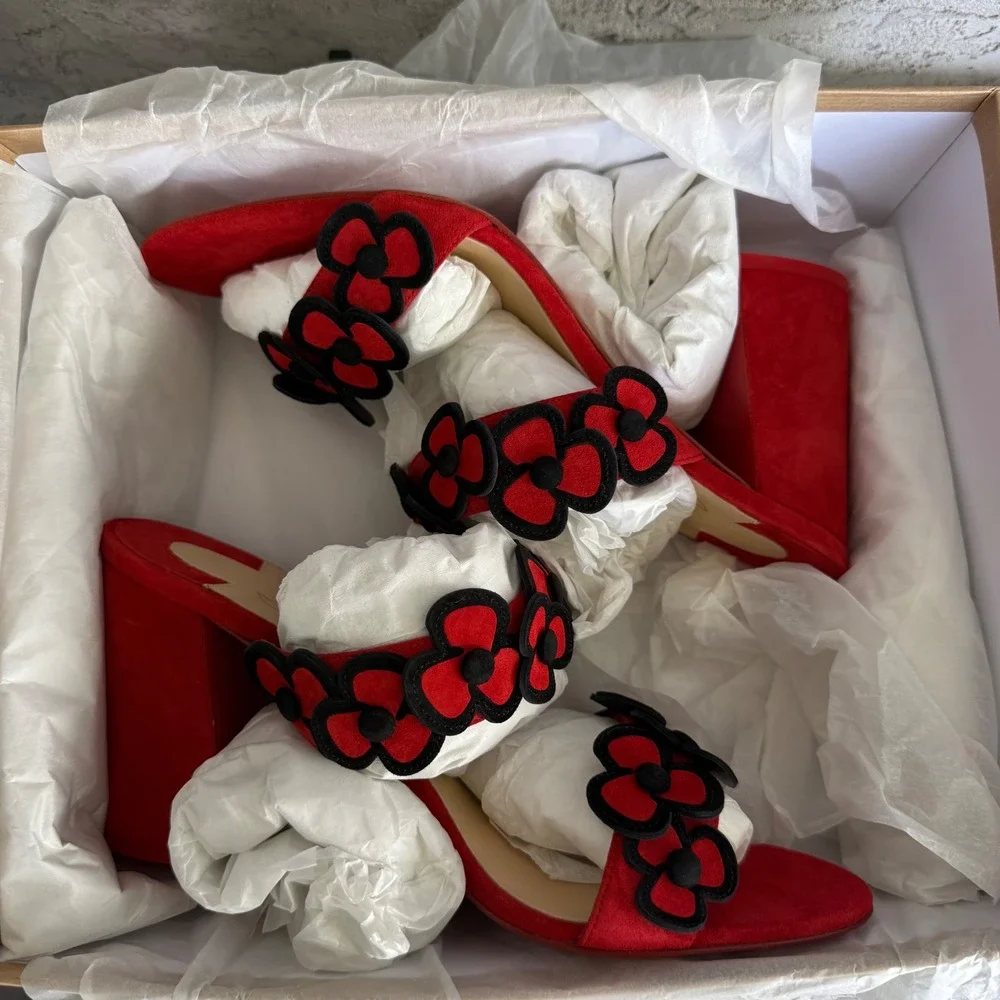 Christian Louboutin Tres Pansy 85 Suede Sandals Womens 42 Red Black Brand NEW - Picture 4 of 12